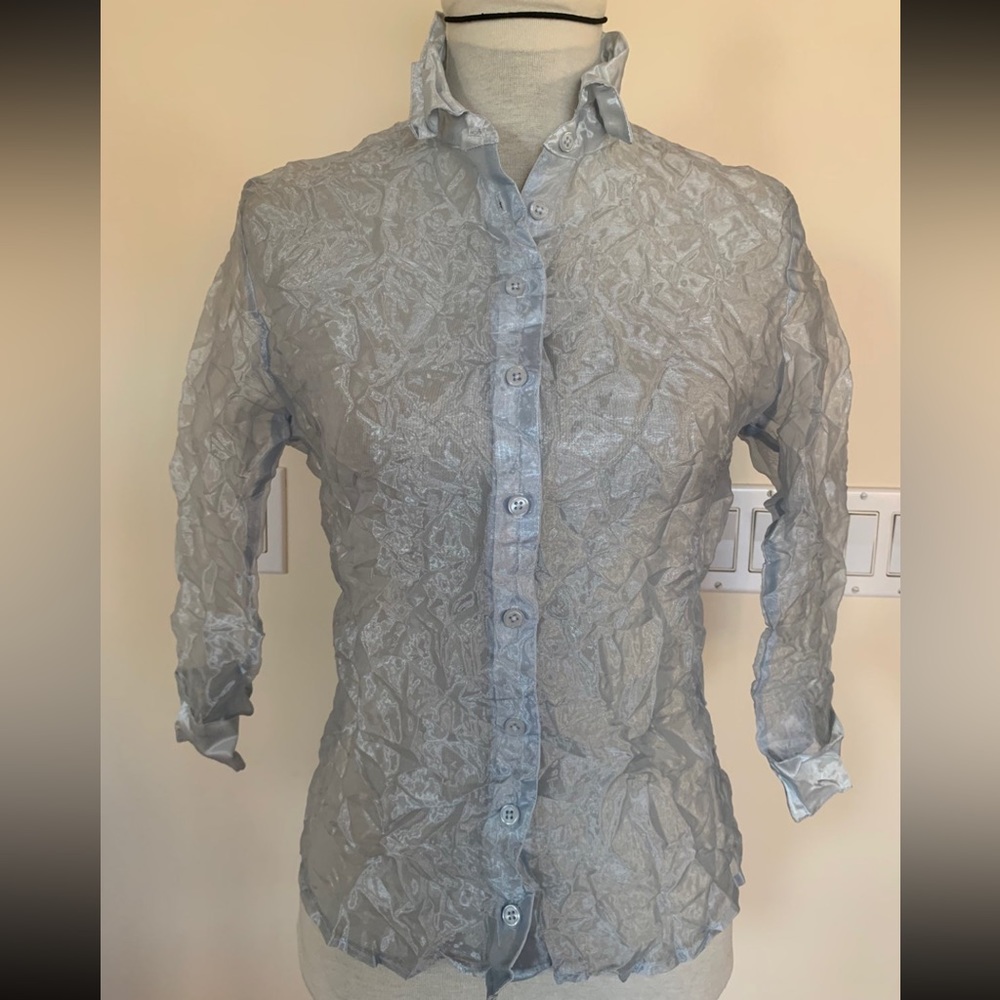 BEBE Womens Junior Girls Blue Wrinkled Sheer Button Down Dress Shirt Top Size S